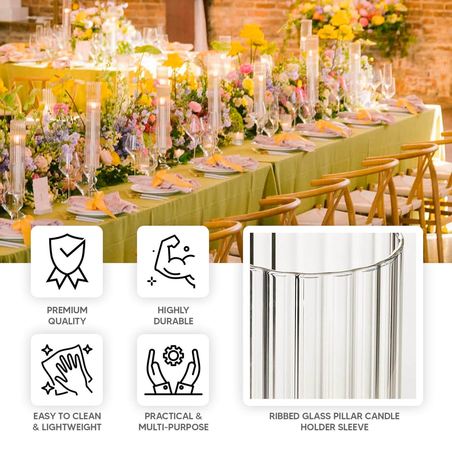 Set of 3 Clear Ribbed Candle Holder Glass Shades With Open Ends, Pillar Hurricane Candelabra Candle Shades - 15",17",19"