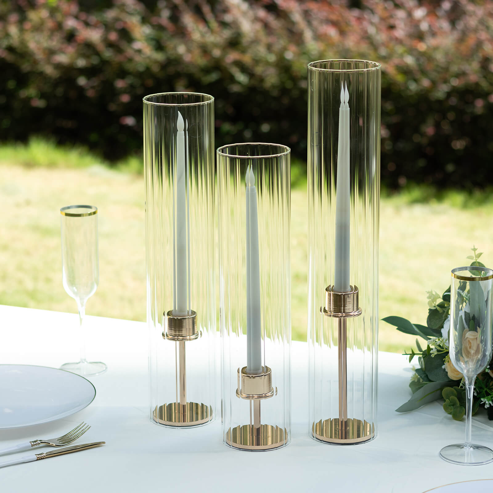Set of 3 Clear Ribbed Candle Holder Glass Shades With Open Ends, Pillar Hurricane Candelabra Candle Shades - 15",17",19"
