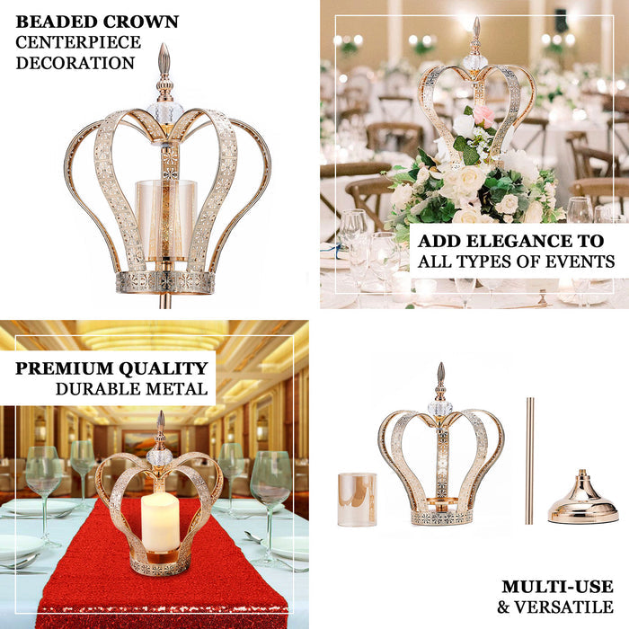 Gold crown pillar candle holder stand, elegant centerpiece for events.