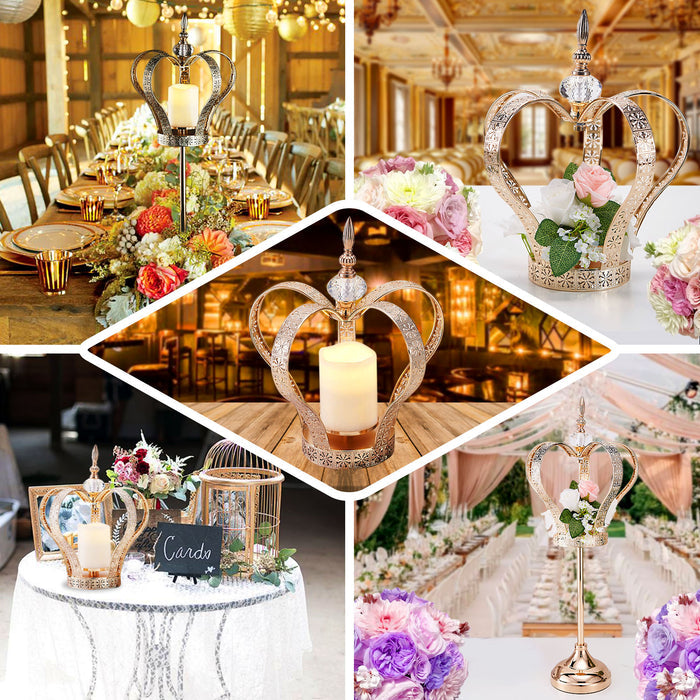 Gold crown pillar candle holder stand centerpiece with votive holder.