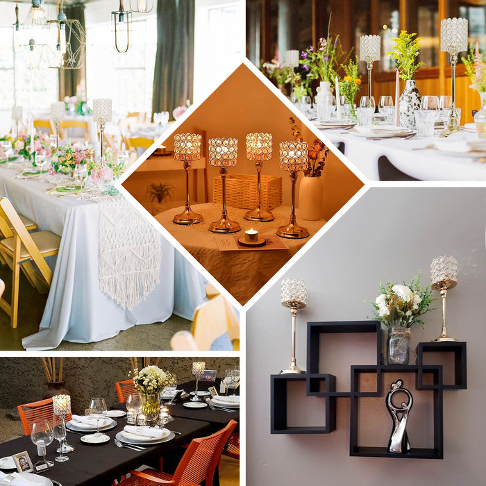 Set of 3 | Gold Crystal Beaded Goblet Votive Candle Holder Centerpieces, Tea Light Candle Stands - 18", 16", 14"