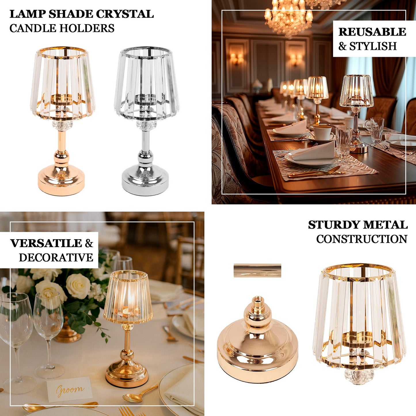 Silver crystal candle holders in classic lamp shade style for elegant table centerpieces.
