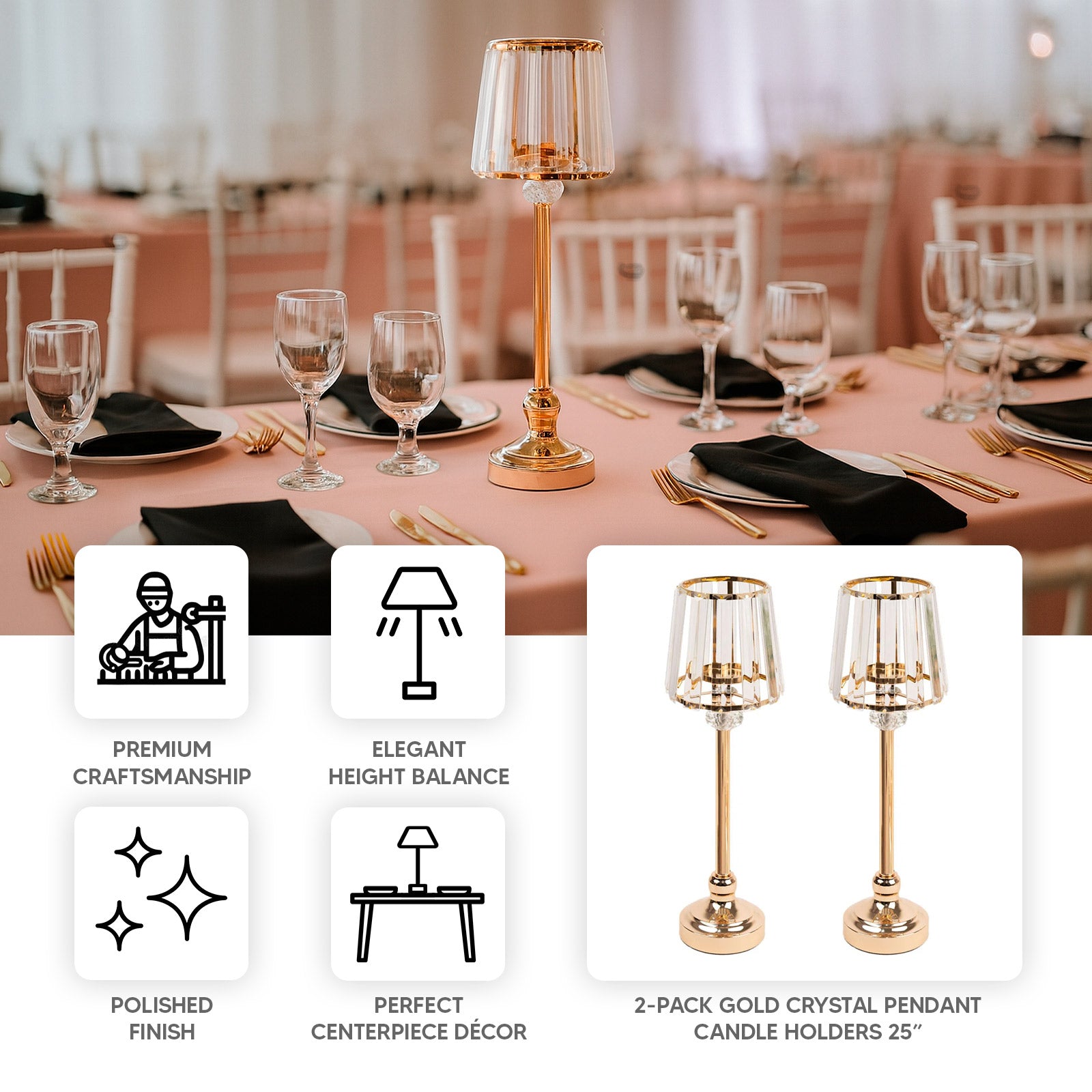 2-Pack 15" Crystal Pendant Candle Holders - Classic Empire Lamp Shade Style in Gold, Votive Candle Stand For Table Centerpieces