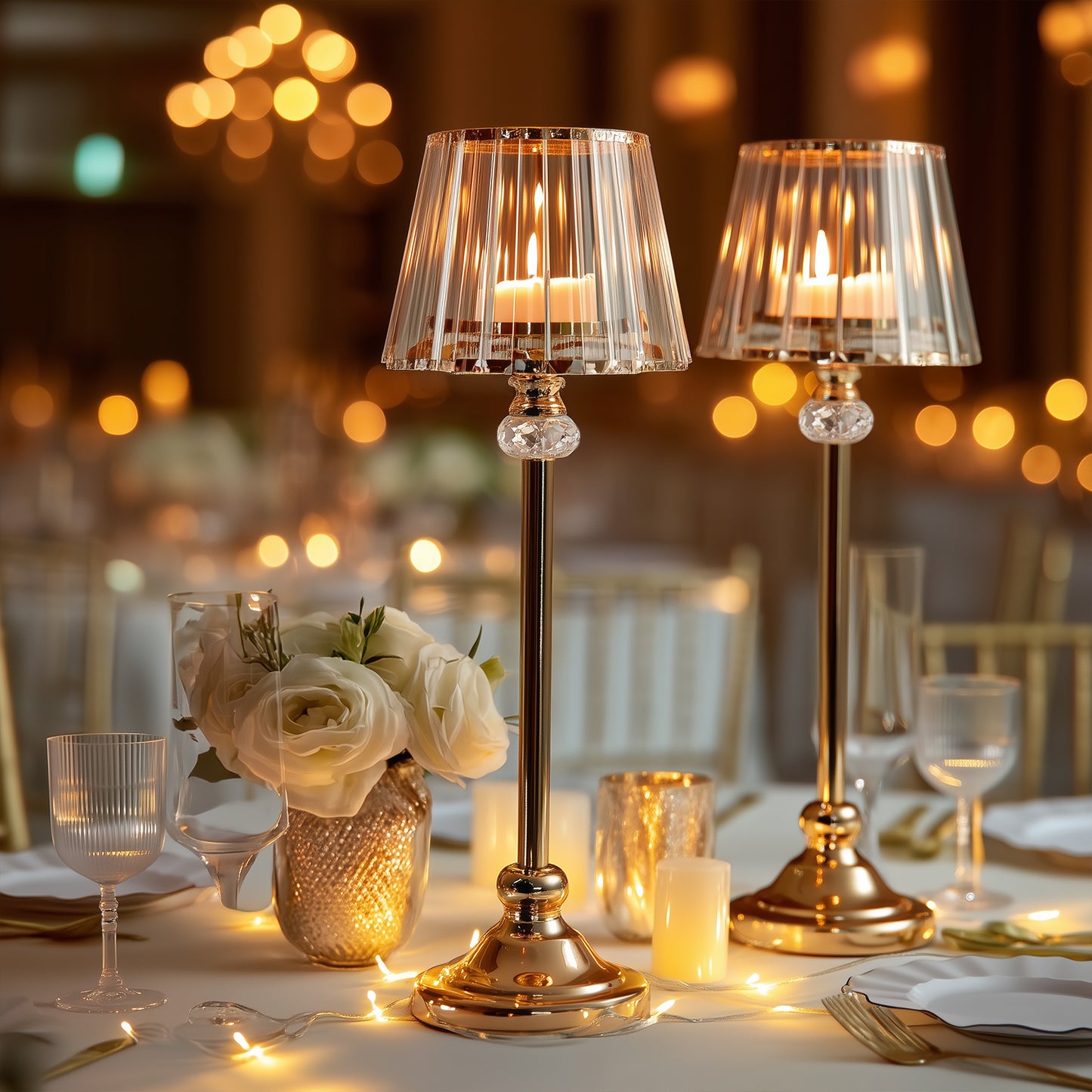 Gold crystal pendant candle holders with classic empire lamp shades for elegant centerpieces.