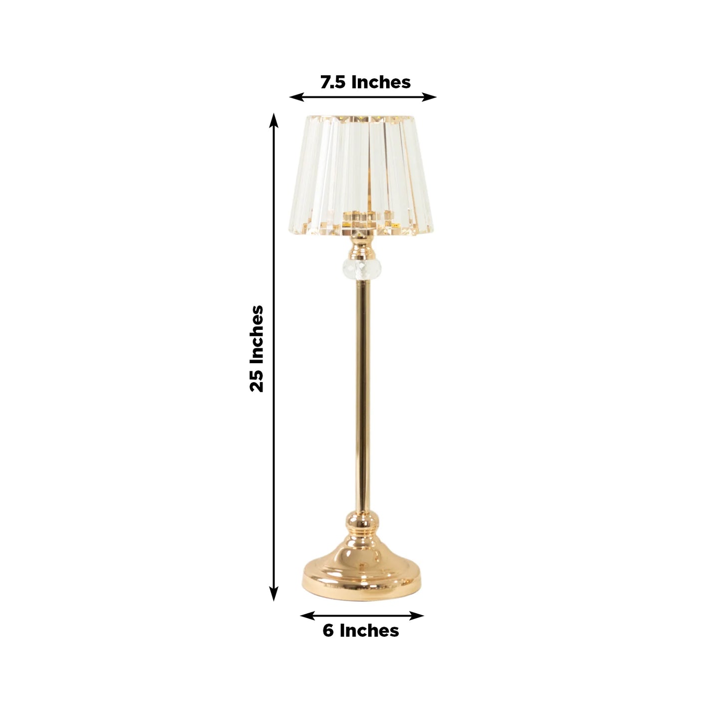 Gold crystal pendant candle holder, 25 inches tall, elegant table centerpiece.