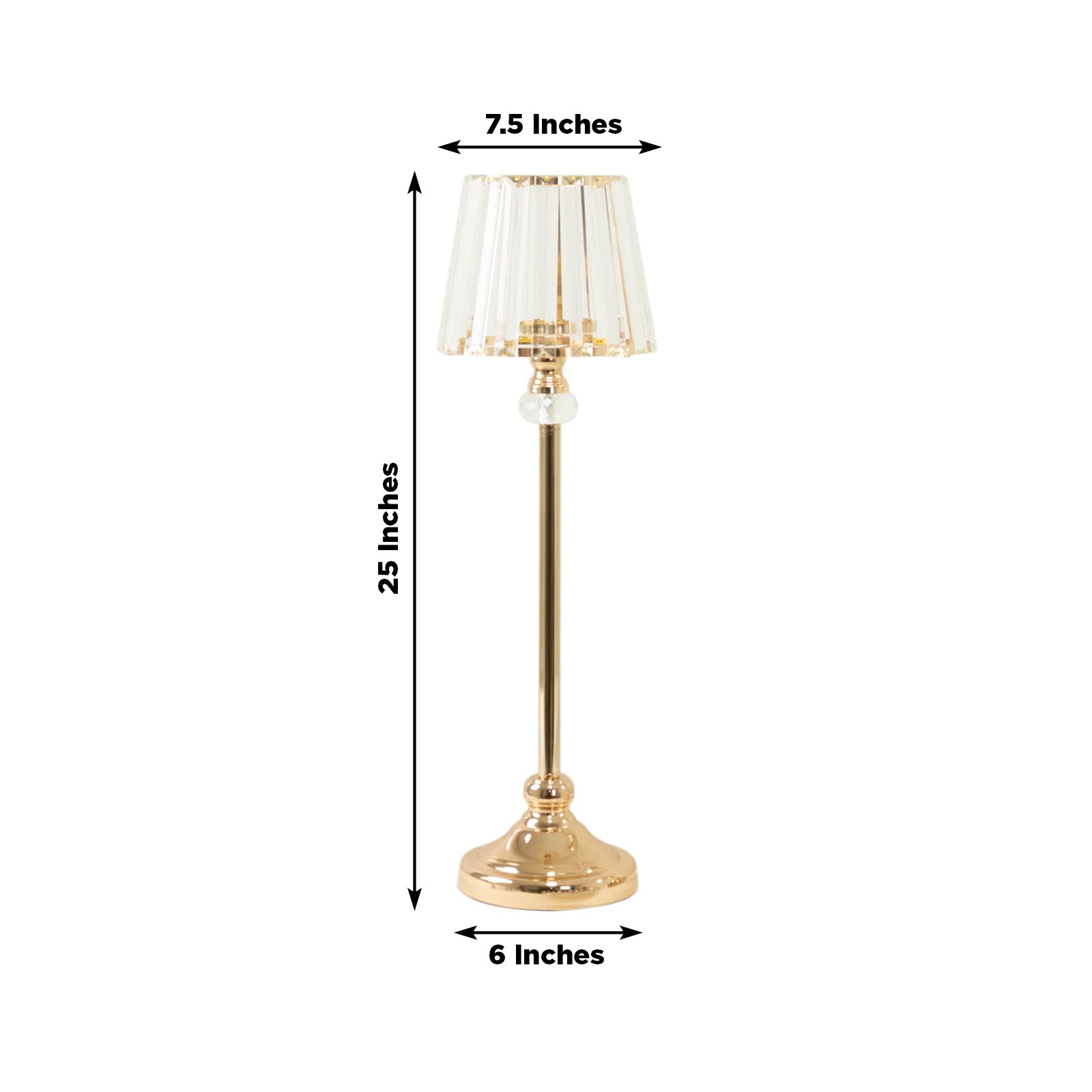 Gold crystal pendant candle holder, 25 inches tall, elegant table centerpiece.
