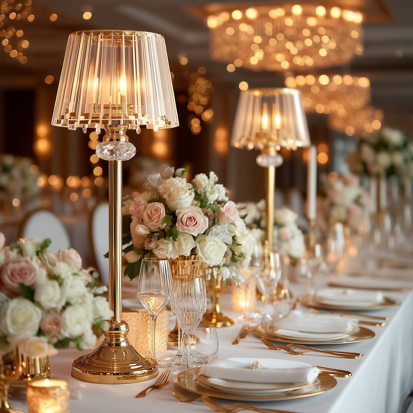Gold crystal pendant candle holders with classic lampshade style for elegant table centerpieces.