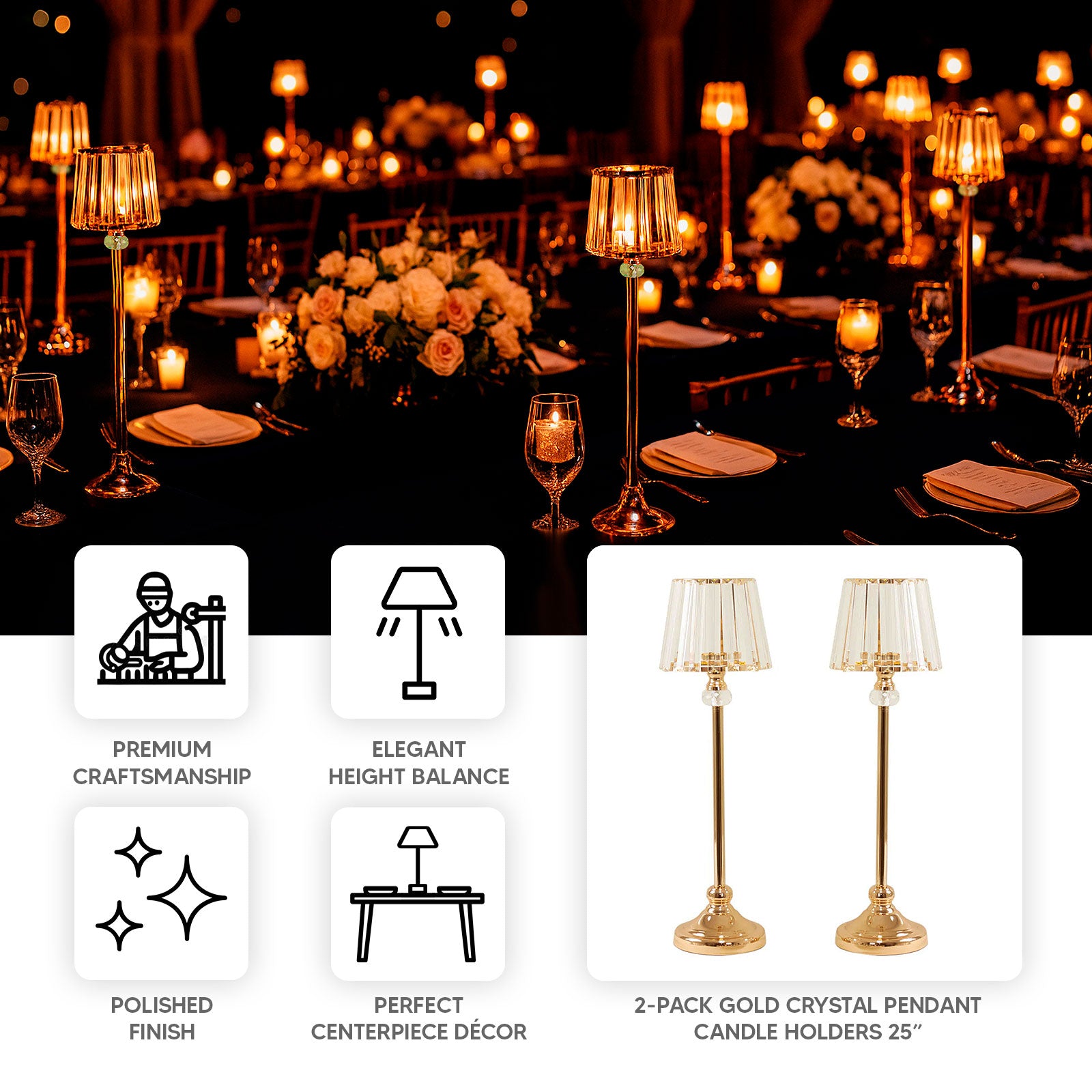 25" Gold Crystal Pendant Candle Holders for elegant table centerpieces.