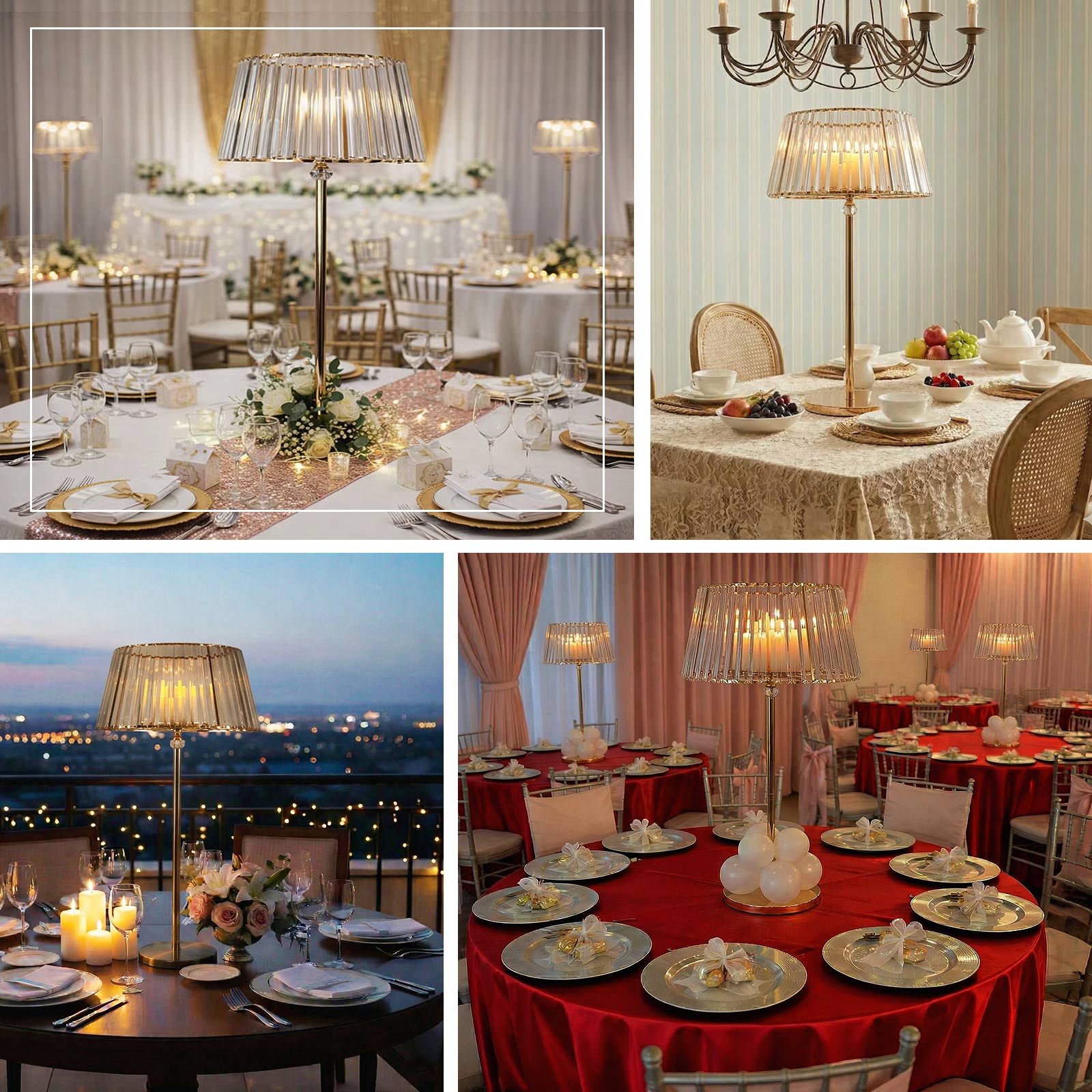 Gold crystal pendant candle holders for elegant table centerpieces.