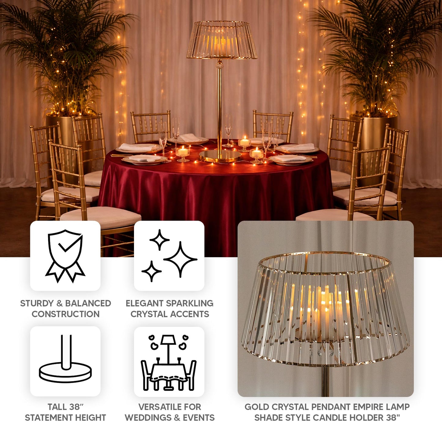 Gold crystal pendant candle holder for elegant table centerpieces.