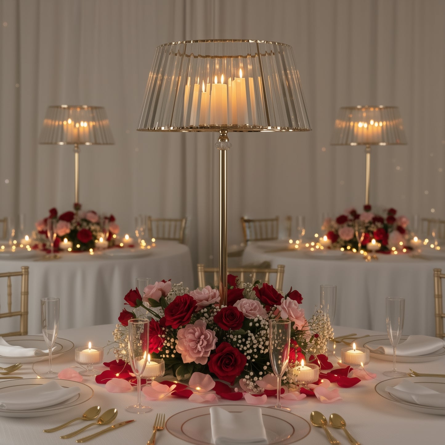 Gold crystal pendant candle holder with flowers on a table centerpiece.