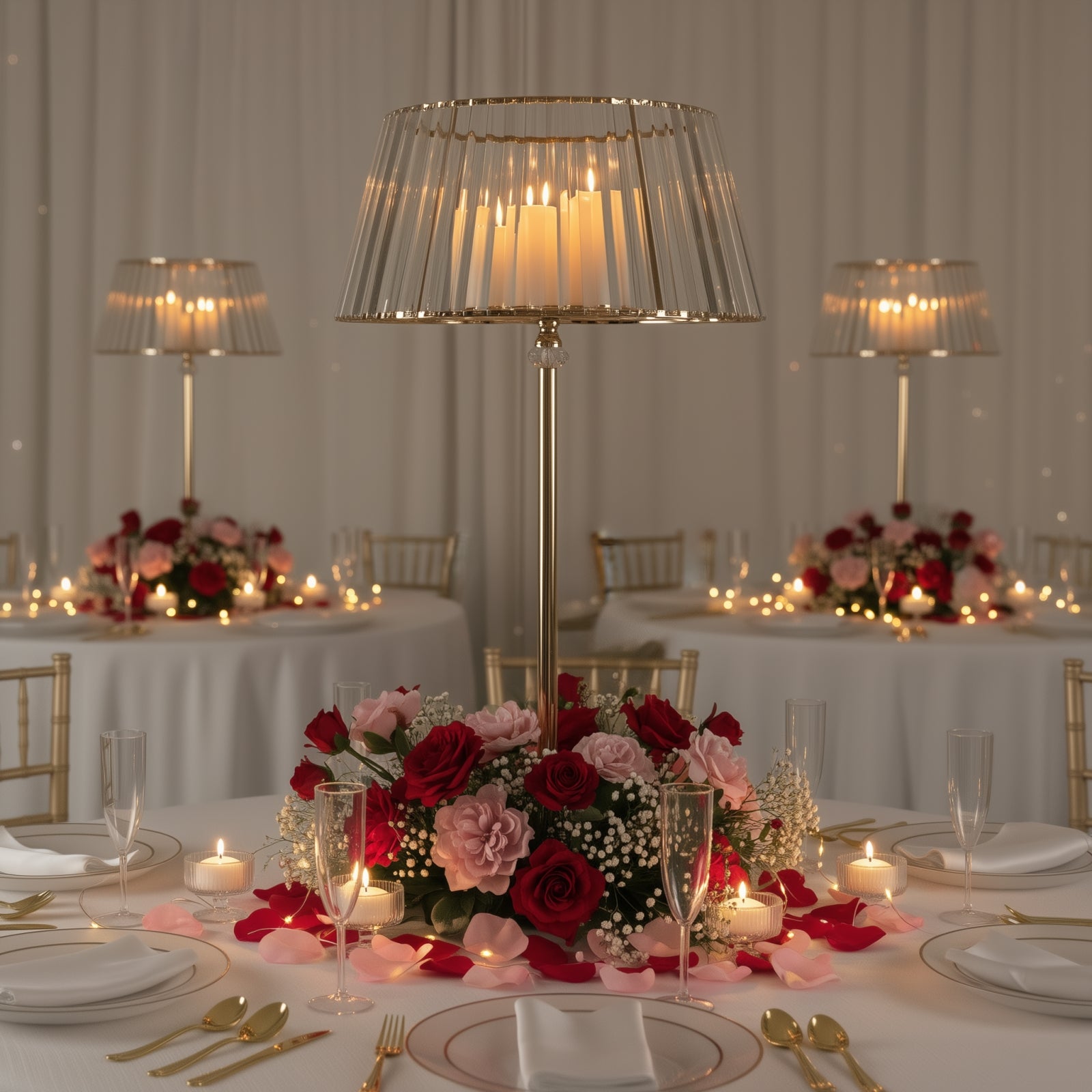 Gold crystal pendant candle holder with flowers on a table centerpiece.