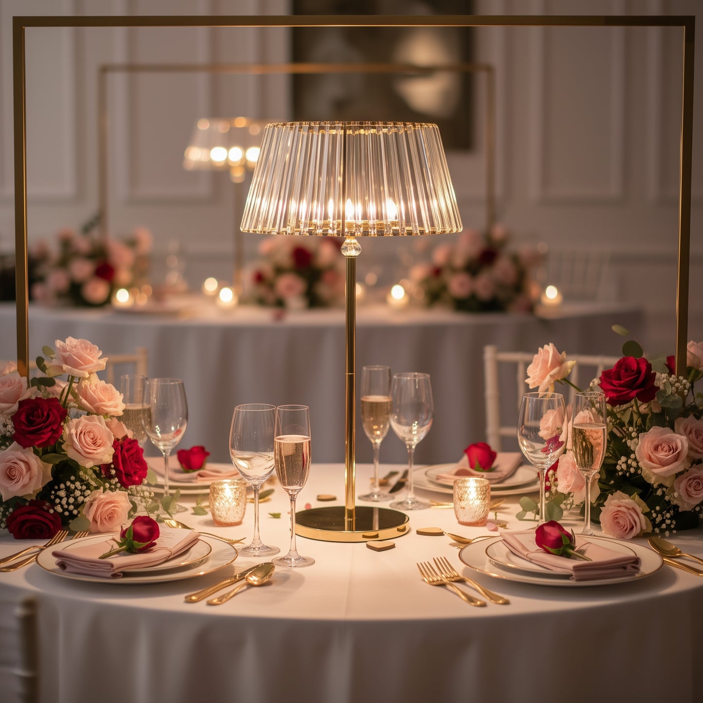 Gold crystal pendant candle holder, classic lamp shade style for elegant table centerpieces.