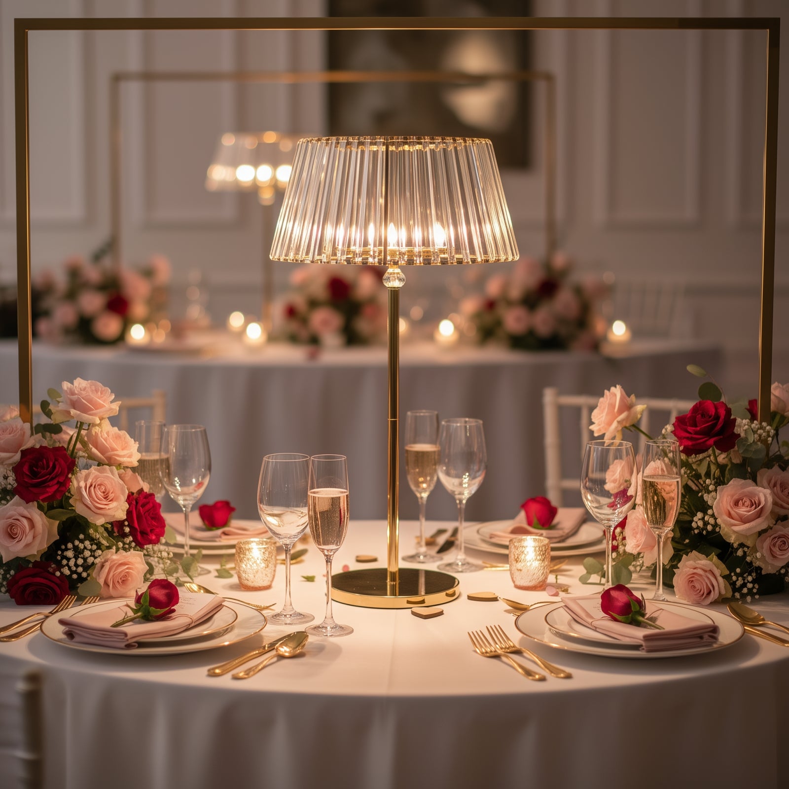 Gold crystal pendant candle holder, classic lamp shade style for elegant table centerpieces.