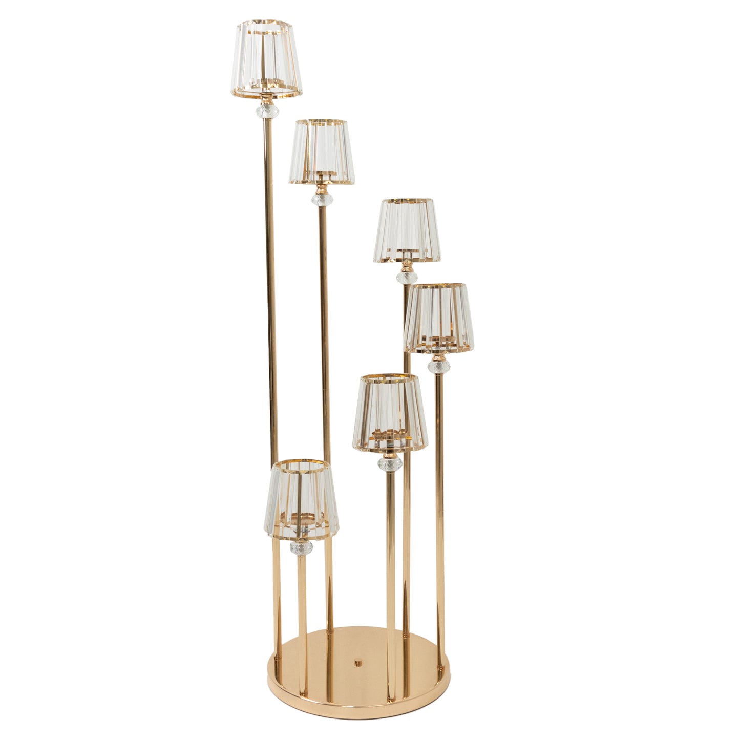 Crystal Pendant 6-Arm Cluster Candelabra Candle Holder, 4ft Gold Metal Candle Stand with Round Base