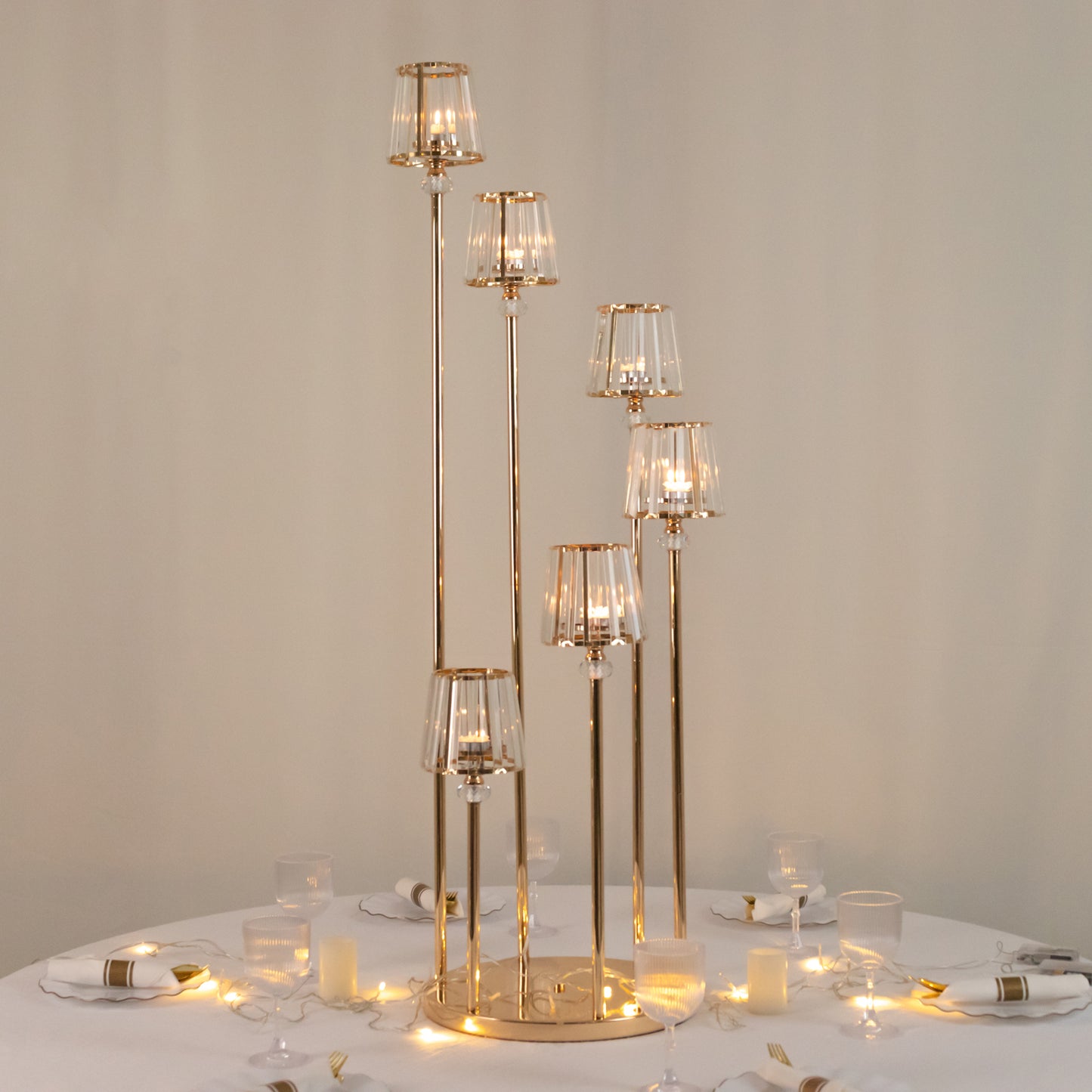 Crystal Pendant 6-Arm Cluster Candelabra Candle Holder, 4ft Gold Metal Candle Stand with Round Base