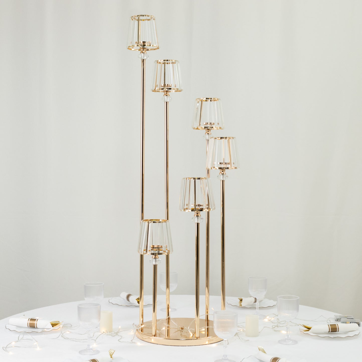 Crystal Pendant 6-Arm Cluster Candelabra Candle Holder, 4ft Gold Metal Candle Stand with Round Base