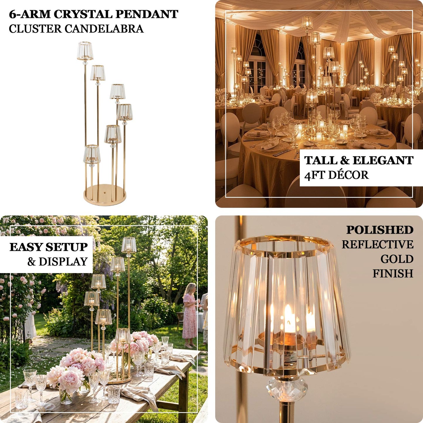 Crystal Pendant 6-Arm Cluster Candelabra Candle Holder, 4ft Gold Metal Candle Stand with Round Base