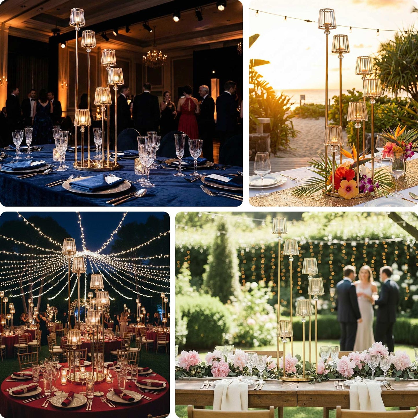 Crystal Pendant 6-Arm Cluster Candelabra Candle Holder, 4ft Gold Metal Candle Stand with Round Base