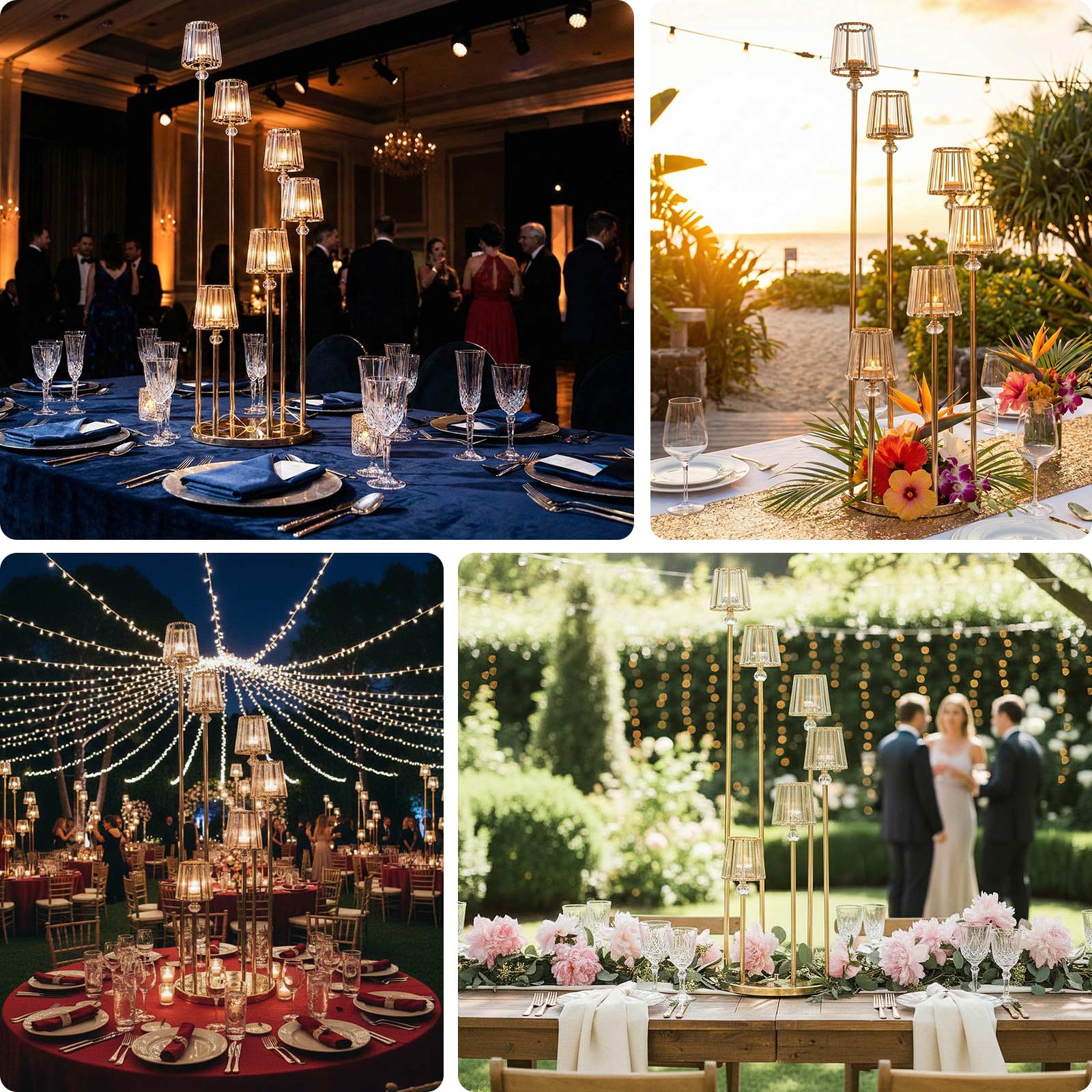 Crystal Pendant 6-Arm Cluster Candelabra Candle Holder, 4ft Gold Metal Candle Stand with Round Base