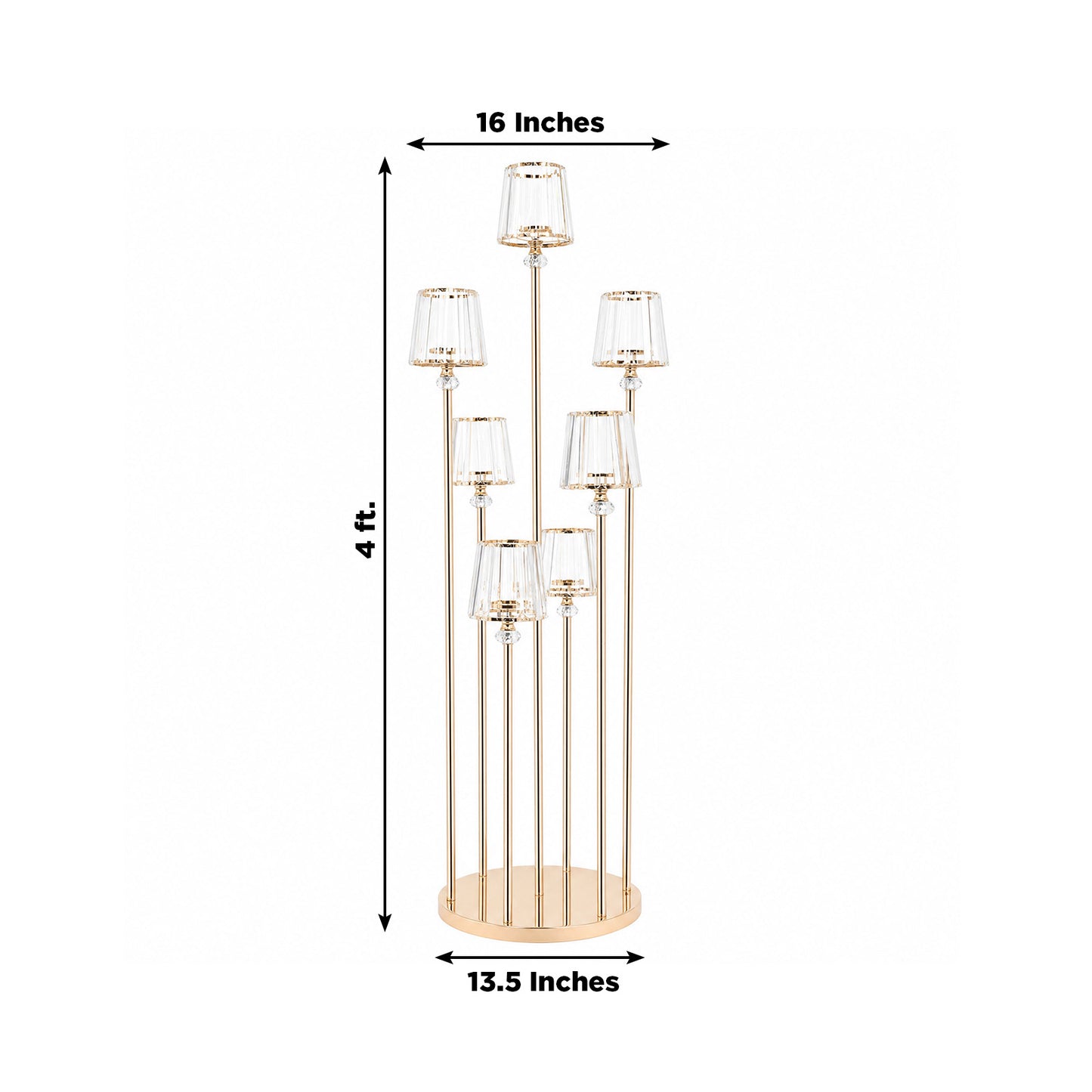 Gold Metal Cluster Candelabra Floor Stand, 7-Arm with Crystal Pendant Glass Shades - 4ft Tall Round 