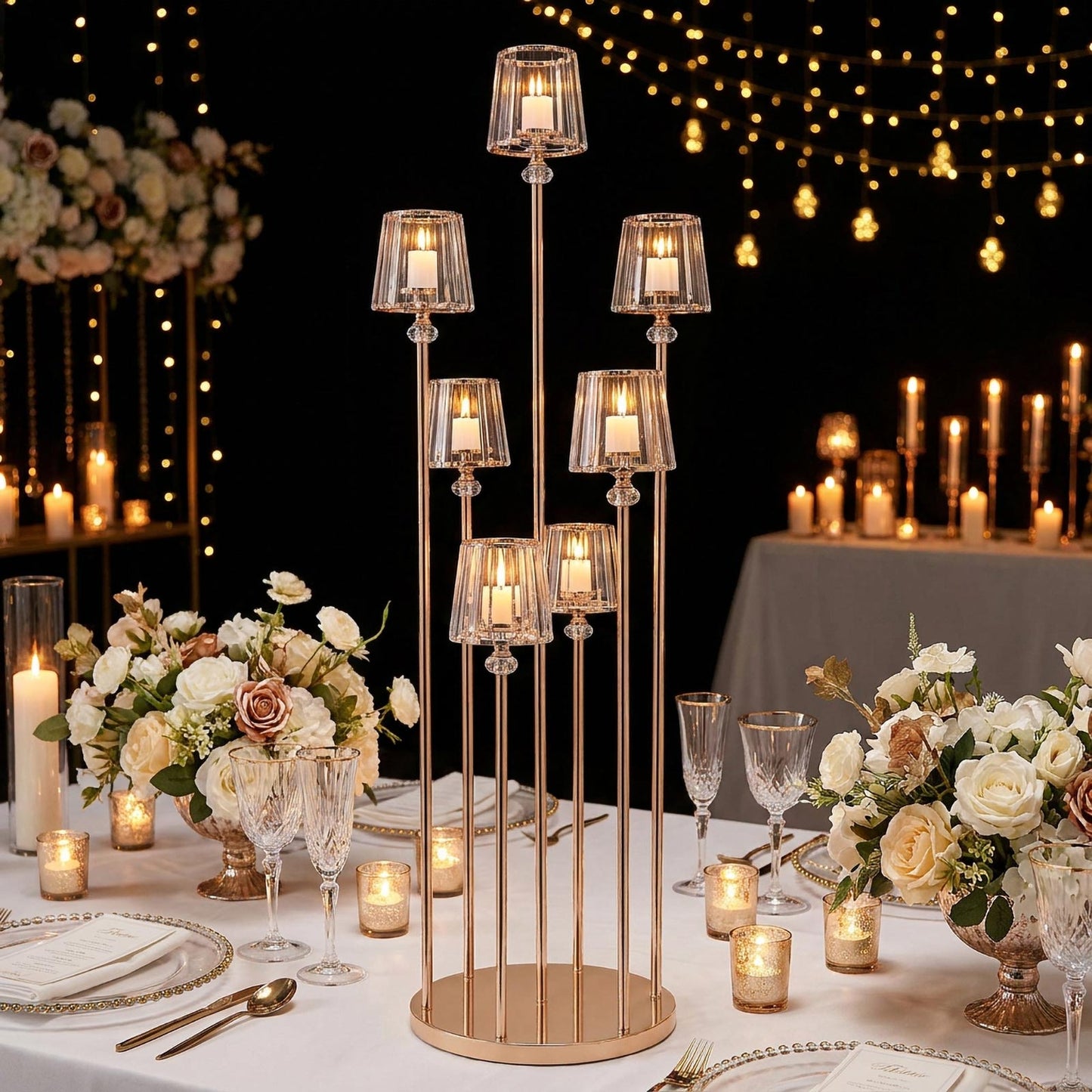 Gold Metal Cluster Candelabra Floor Stand, 7-Arm with Crystal Pendant Glass Shades - 4ft Tall Round 
