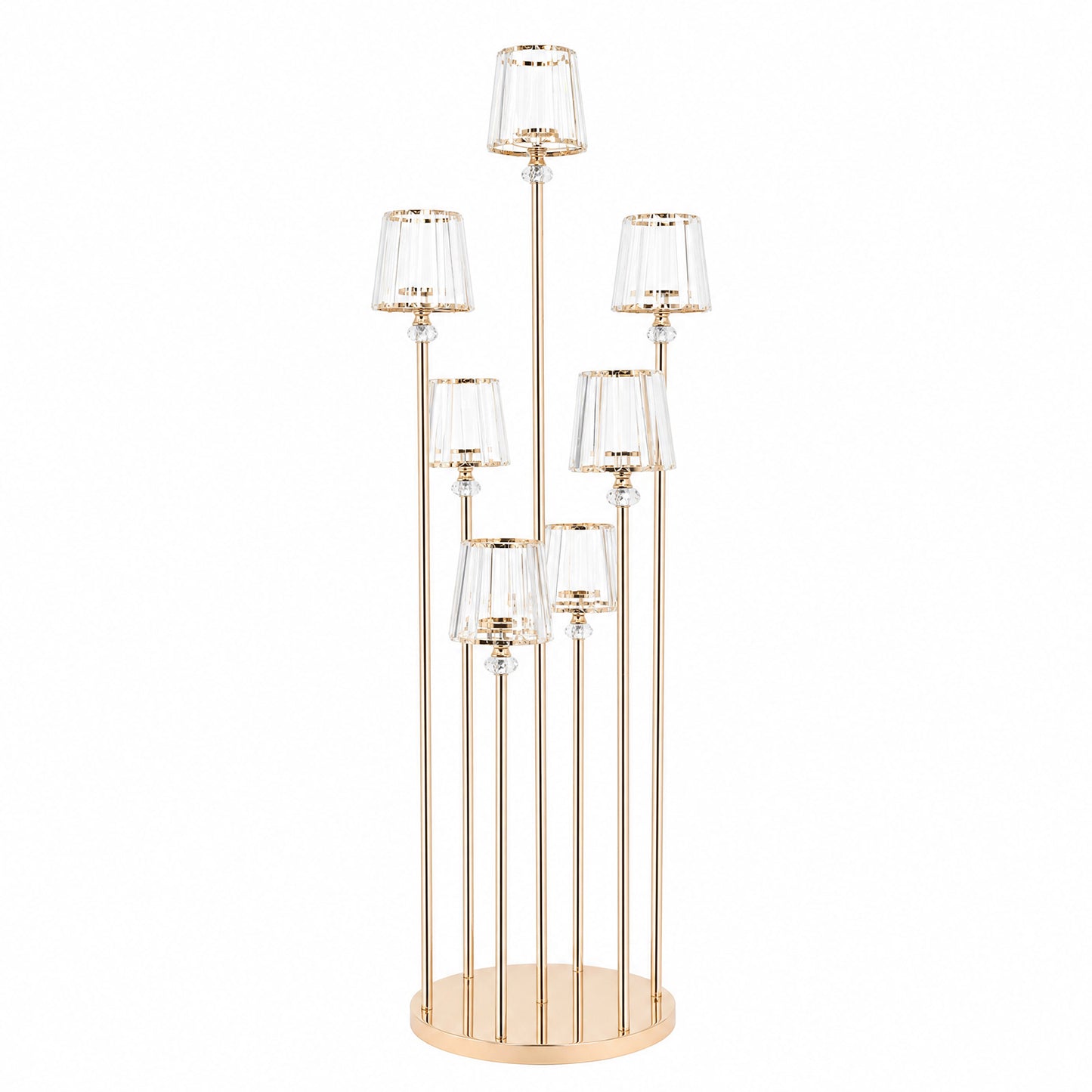Gold Metal Cluster Candelabra Floor Stand, 7-Arm with Crystal Pendant Glass Shades - 4ft Tall Round 