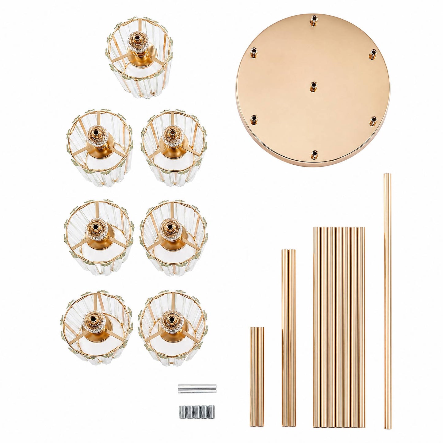 Gold Metal Cluster Candelabra Floor Stand, 7-Arm with Crystal Pendant Glass Shades - 4ft Tall Round 
