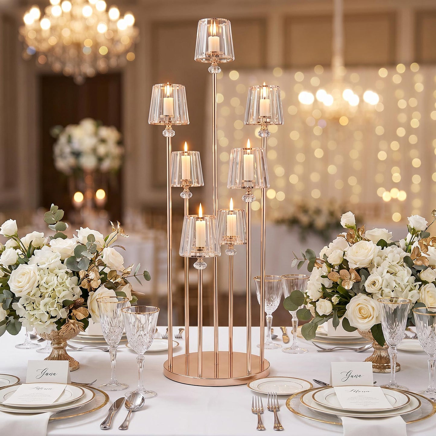 Gold Metal Cluster Candelabra Floor Stand, 7-Arm with Crystal Pendant Glass Shades - 4ft Tall Round 