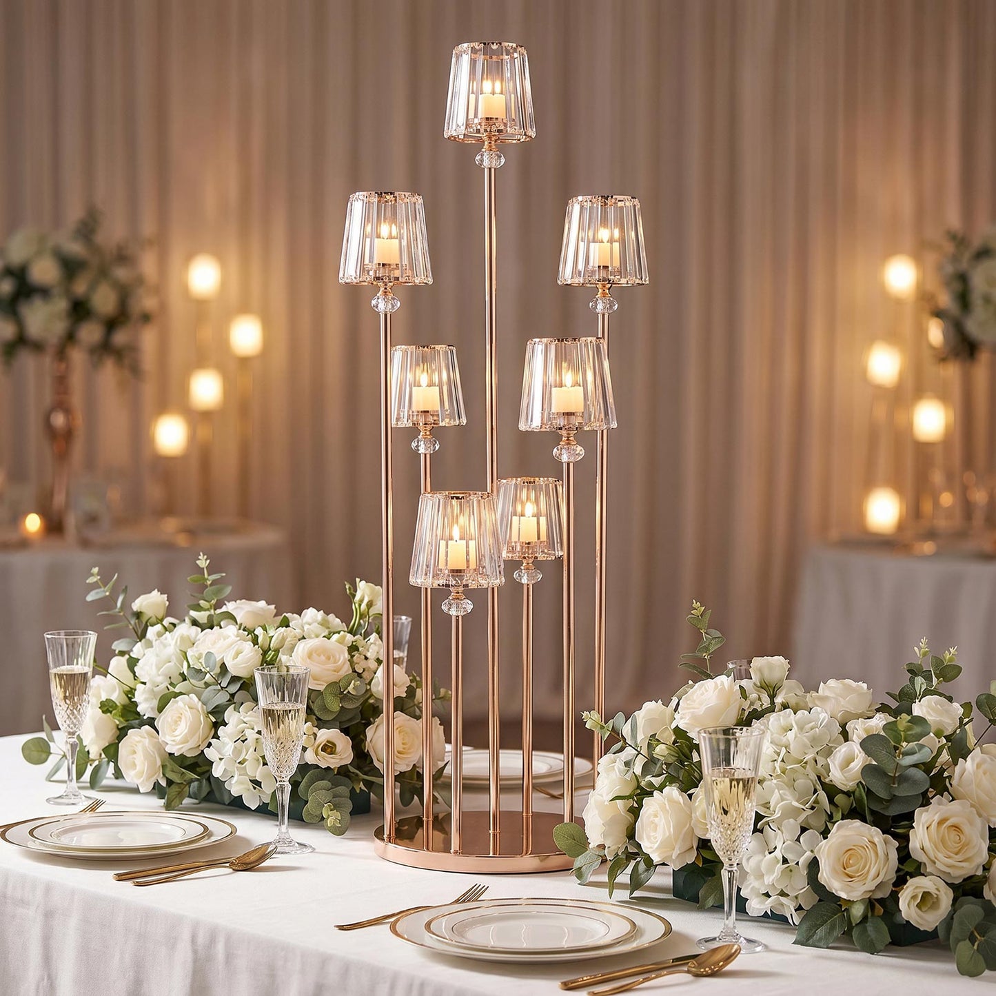 Gold Metal Cluster Candelabra Floor Stand, 7-Arm with Crystal Pendant Glass Shades - 4ft Tall Round 
