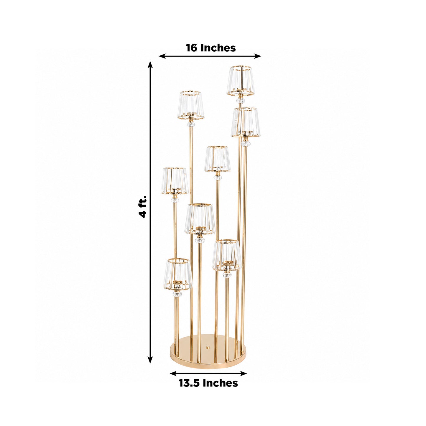 Gold Metal Cluster Candelabra Floor Stand, 8-Arm with Crystal Pendant Glass Shades - 4.3ft Tall Roun