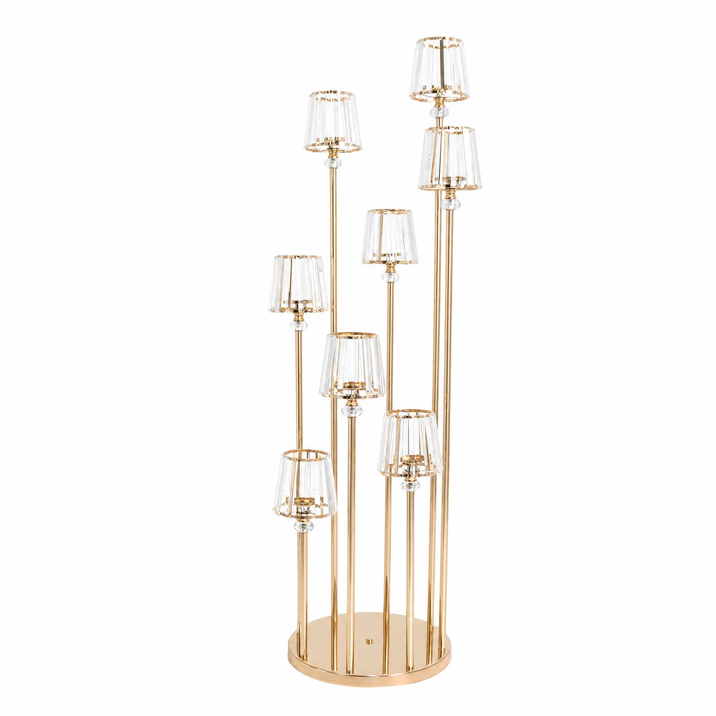 Gold Metal Cluster Candelabra Floor Stand, 8-Arm with Crystal Pendant Glass Shades - 4.3ft Tall Roun