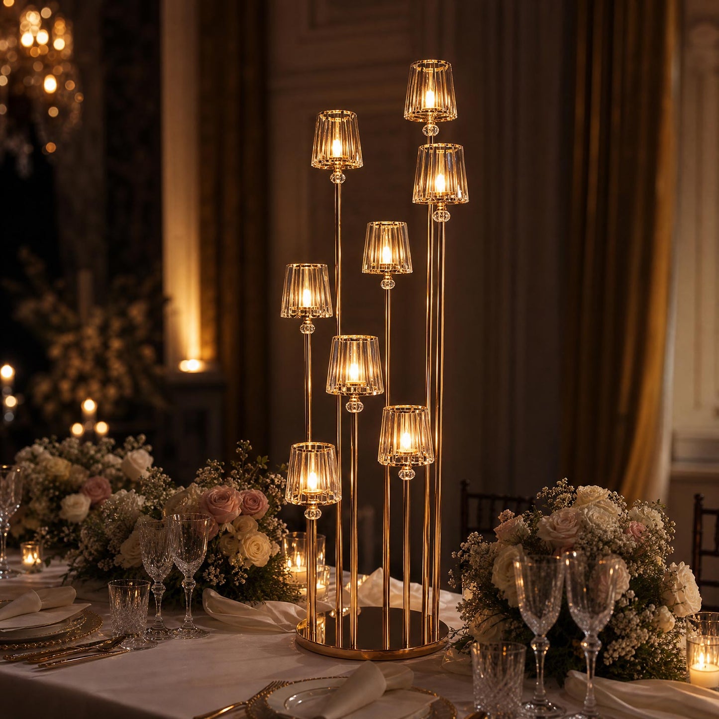 Gold Metal Cluster Candelabra Floor Stand, 8-Arm with Crystal Pendant Glass Shades - 4.3ft Tall Roun