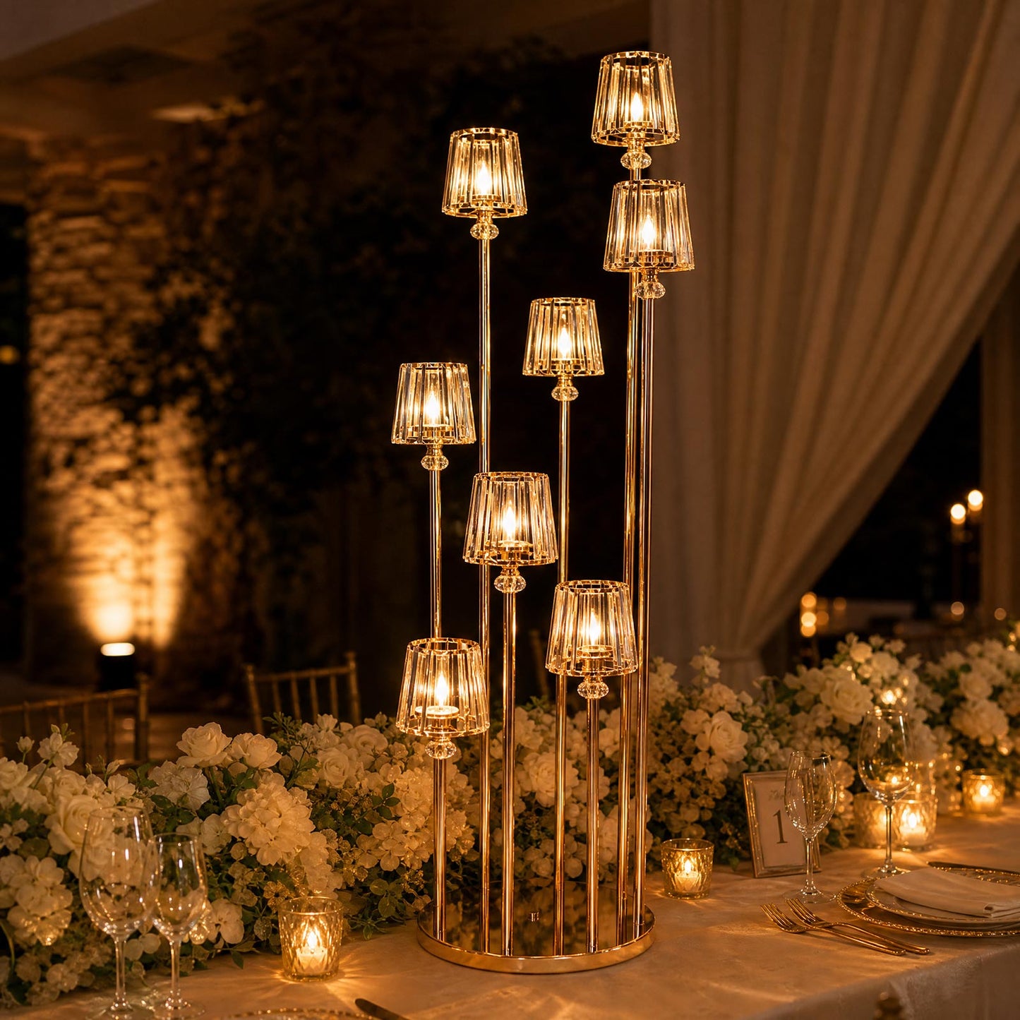 Gold Metal Cluster Candelabra Floor Stand, 8-Arm with Crystal Pendant Glass Shades - 4.3ft Tall Roun