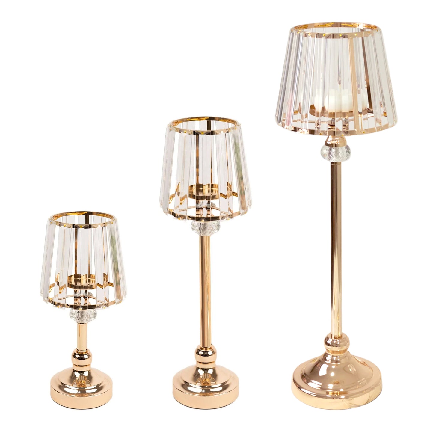 Gold crystal pendant candle holders in classic empire lamp shade style.