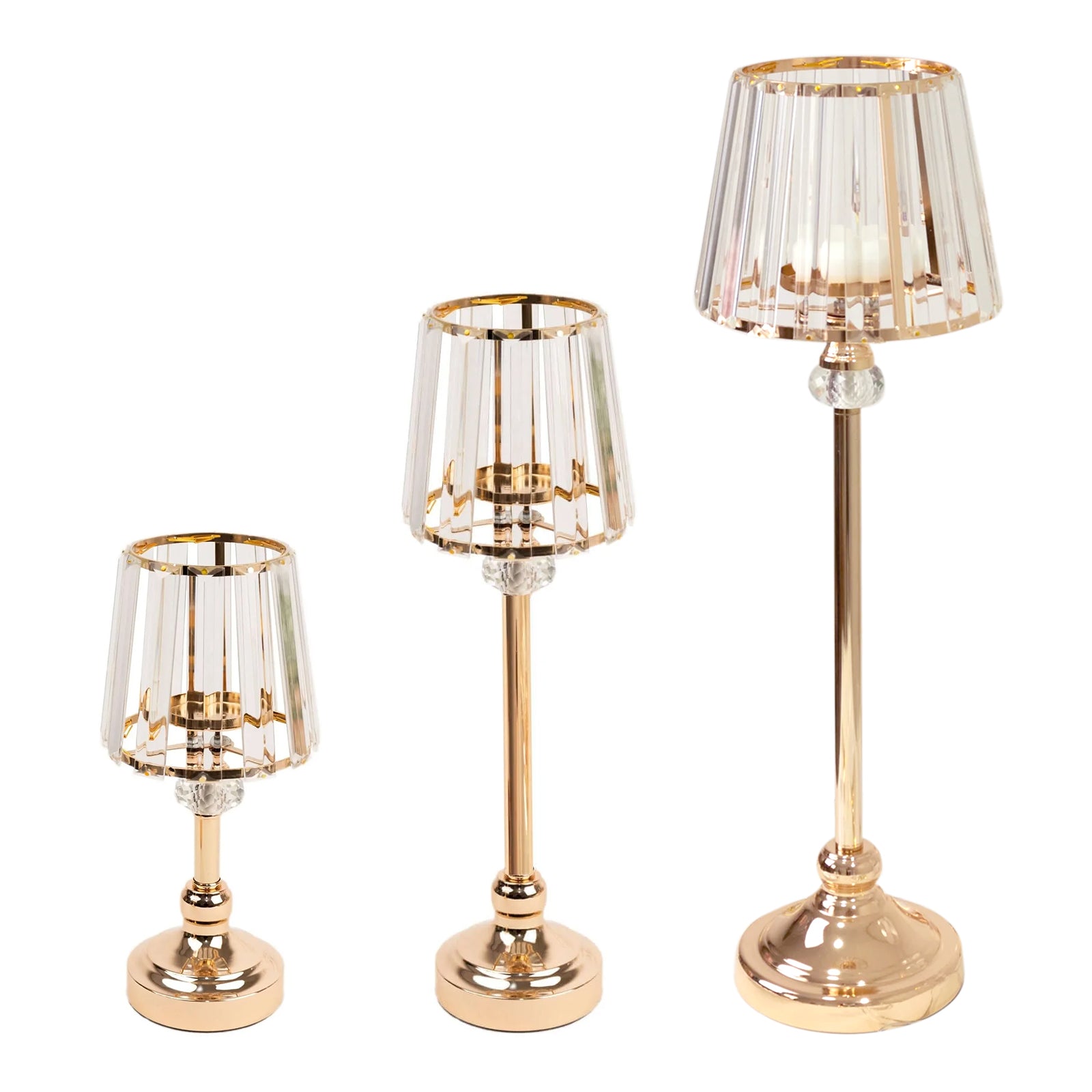 Gold crystal pendant candle holders in classic empire lamp shade style.