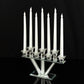 Clear crystal candelabra with white taper candles on a mirrored base.