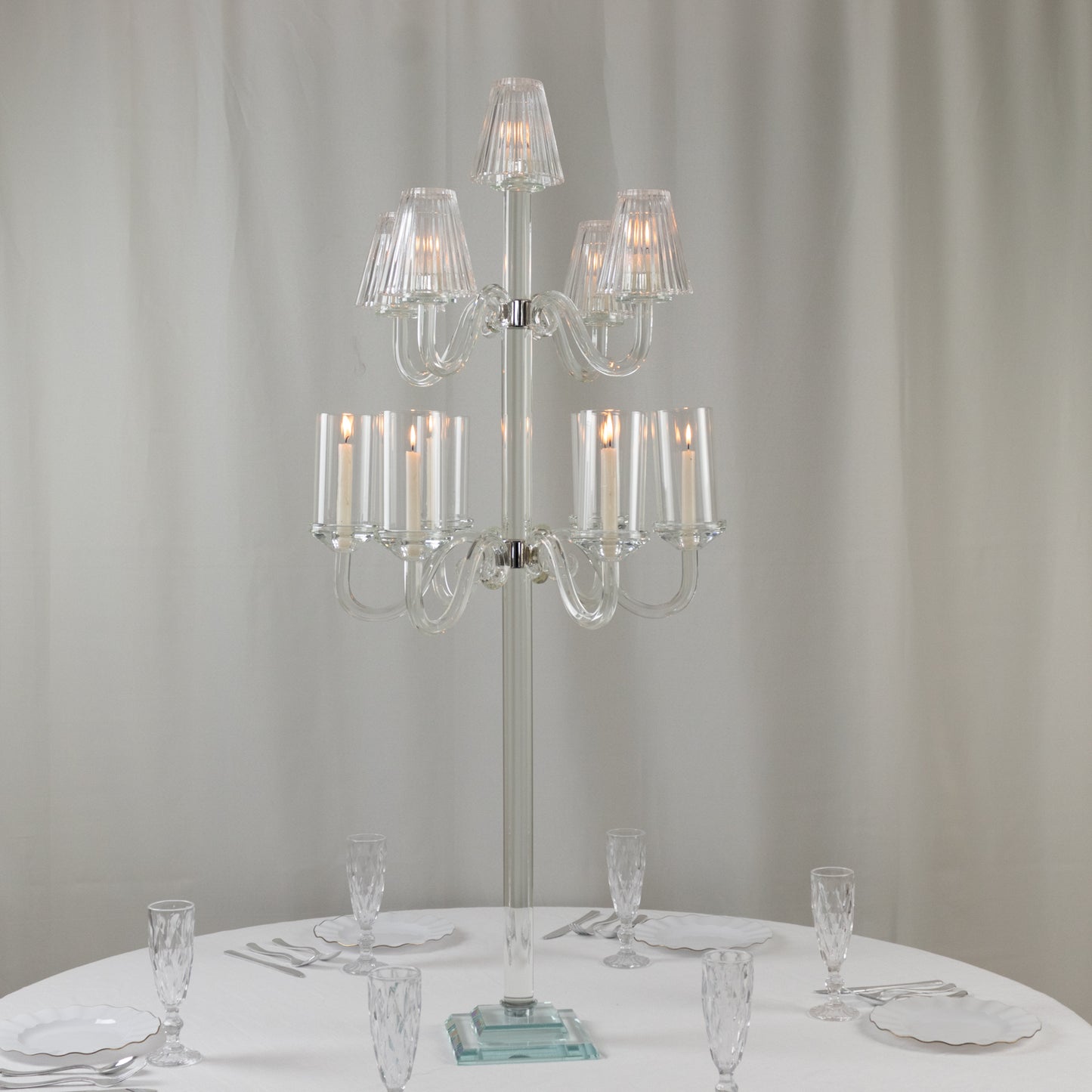 11-Arm Crystal Glass Candelabra – 50" Floor Candle Holder for Taper & Tealight Candles with Empire & Cylinder Lampshades, Perfect for Weddings & Home Decor