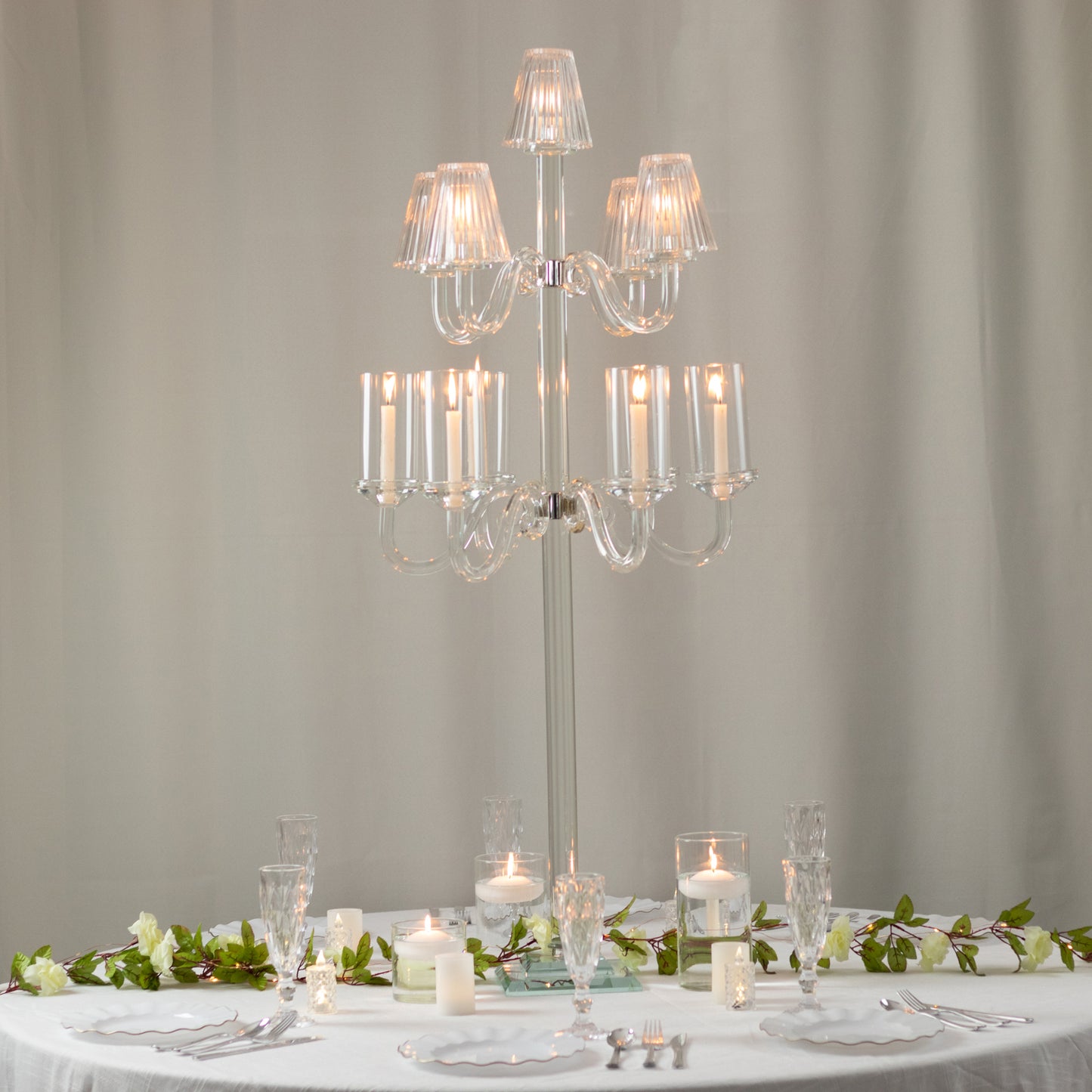 11-Arm Crystal Glass Candelabra – 50" Floor Candle Holder for Taper & Tealight Candles with Empire & Cylinder Lampshades, Perfect for Weddings & Home Decor