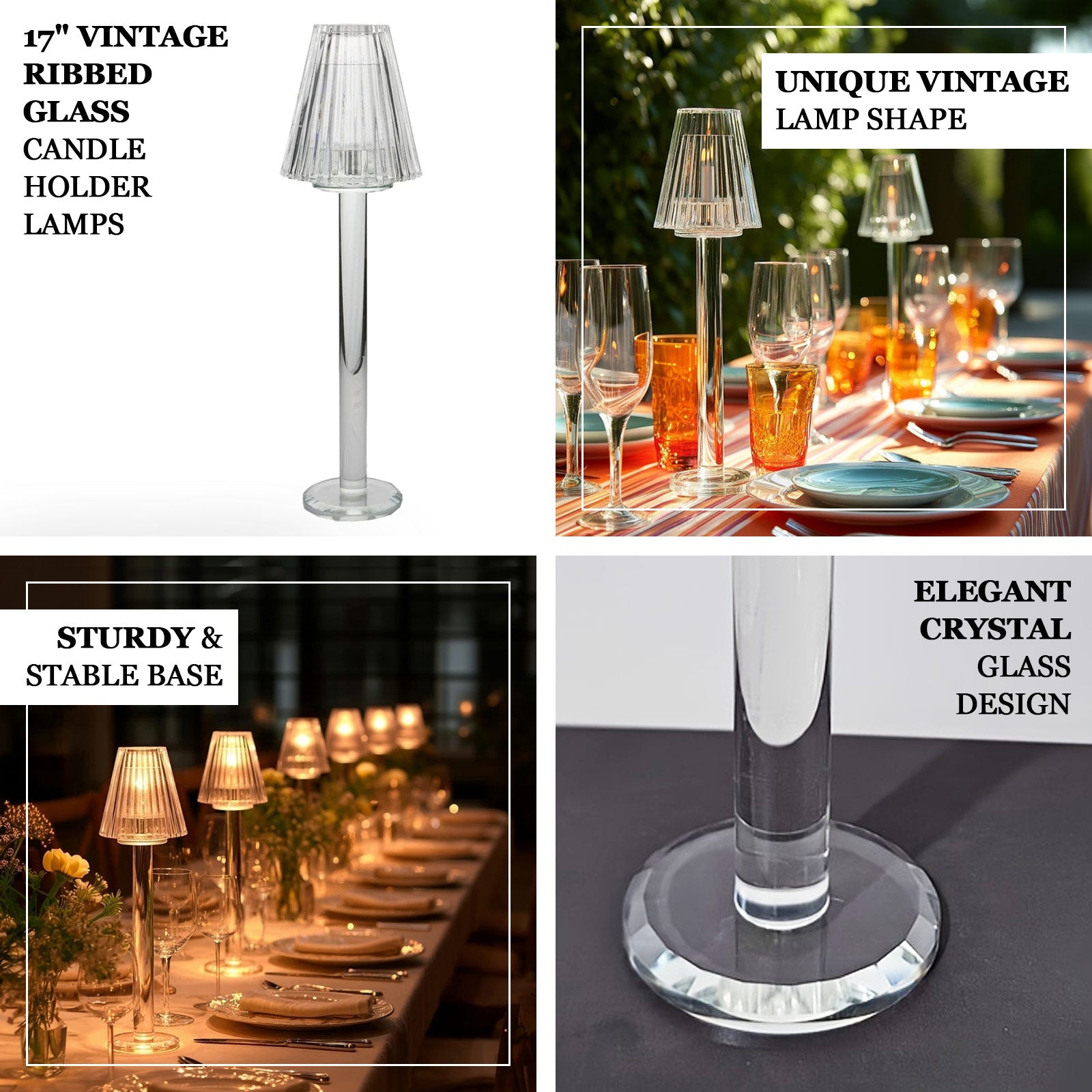 Set of 2 Clear Crystal Glass Candle Holders – 17" Elegant Ribbed Vintage Table Lamp Design