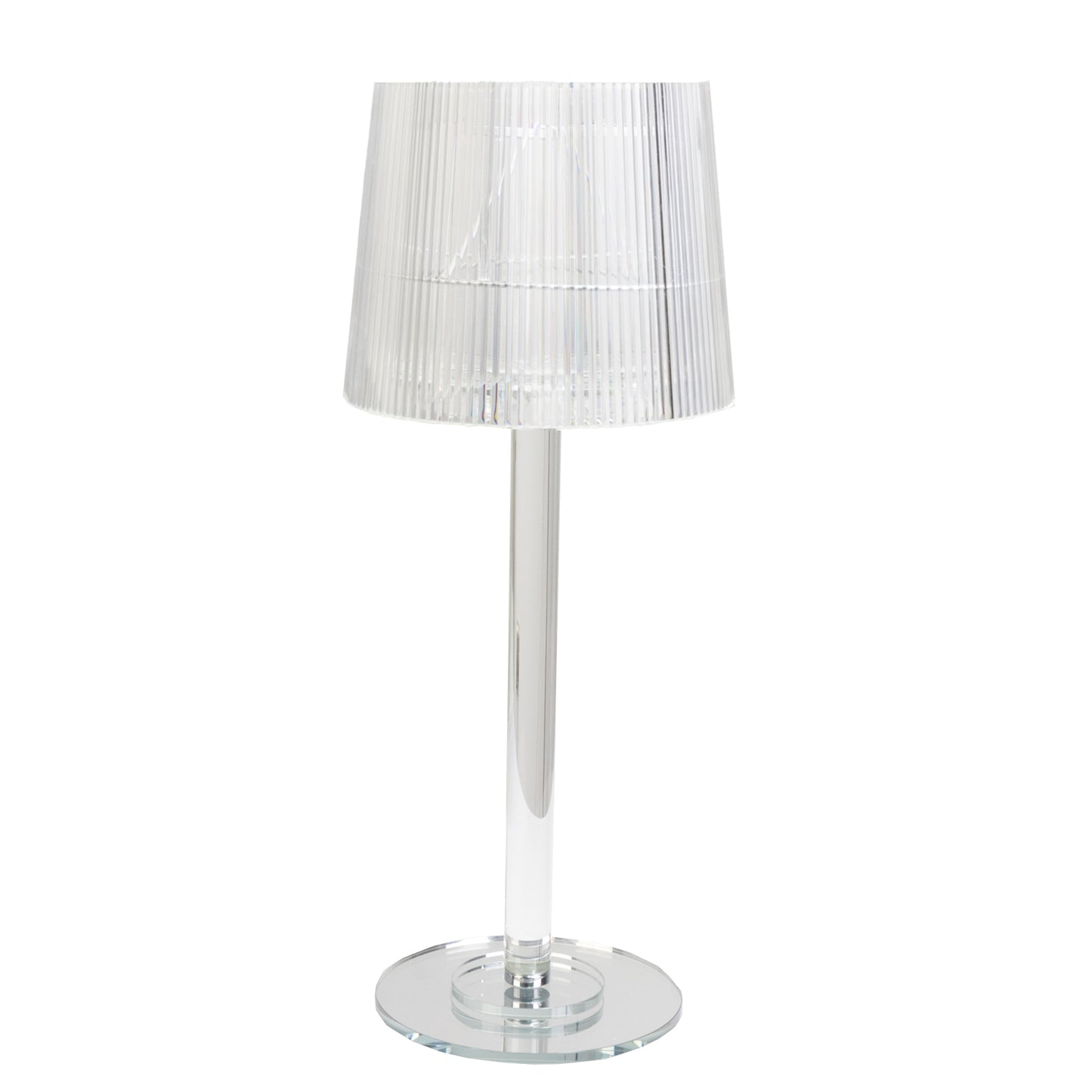 Clear acrylic candle lamp with ribbed shade and column base.
