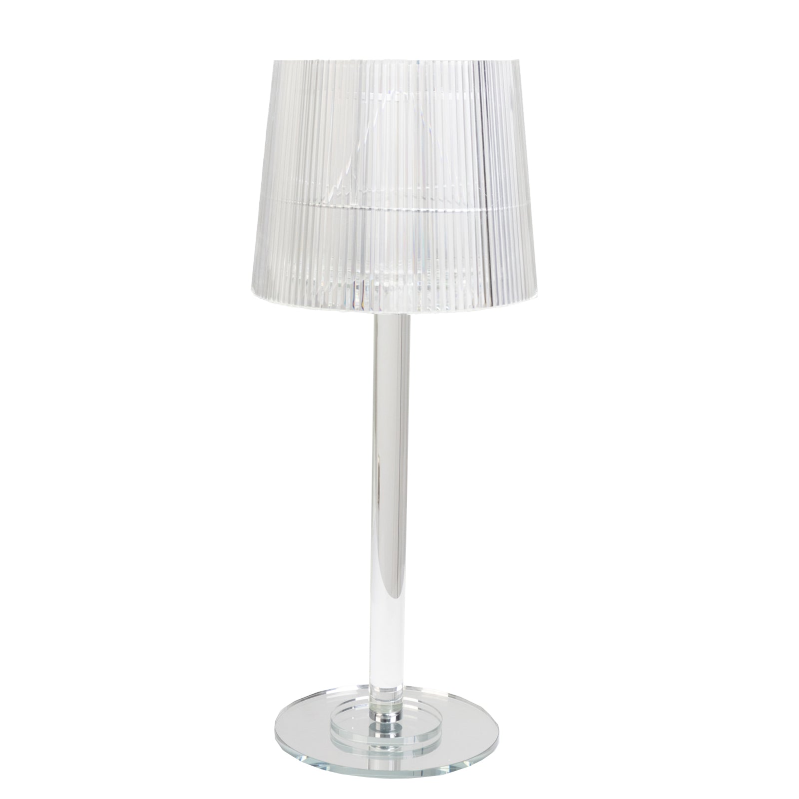 Clear acrylic candle lamp with ribbed shade and column base.