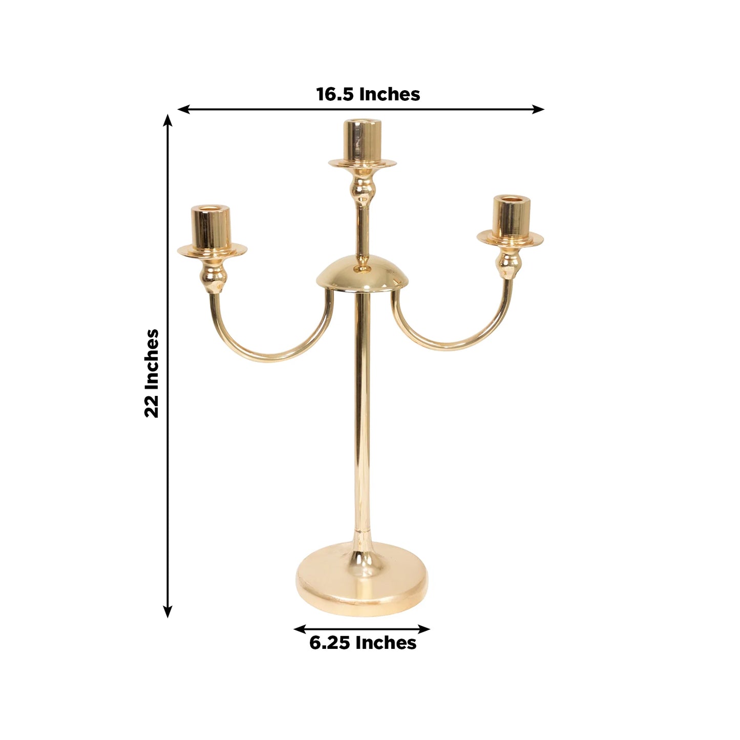 22" Tall Gold 3-Arm Metal Candelabra – Modern Taper Candle Holder Centerpiece Stand