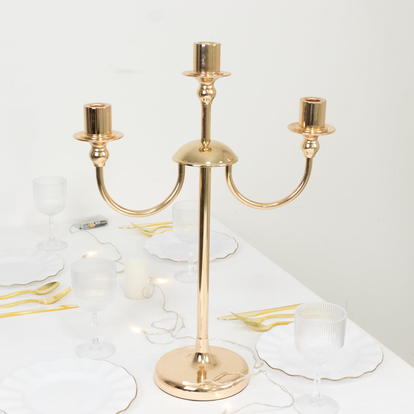 22" Tall Gold 3-Arm Metal Candelabra – Modern Taper Candle Holder Centerpiece Stand