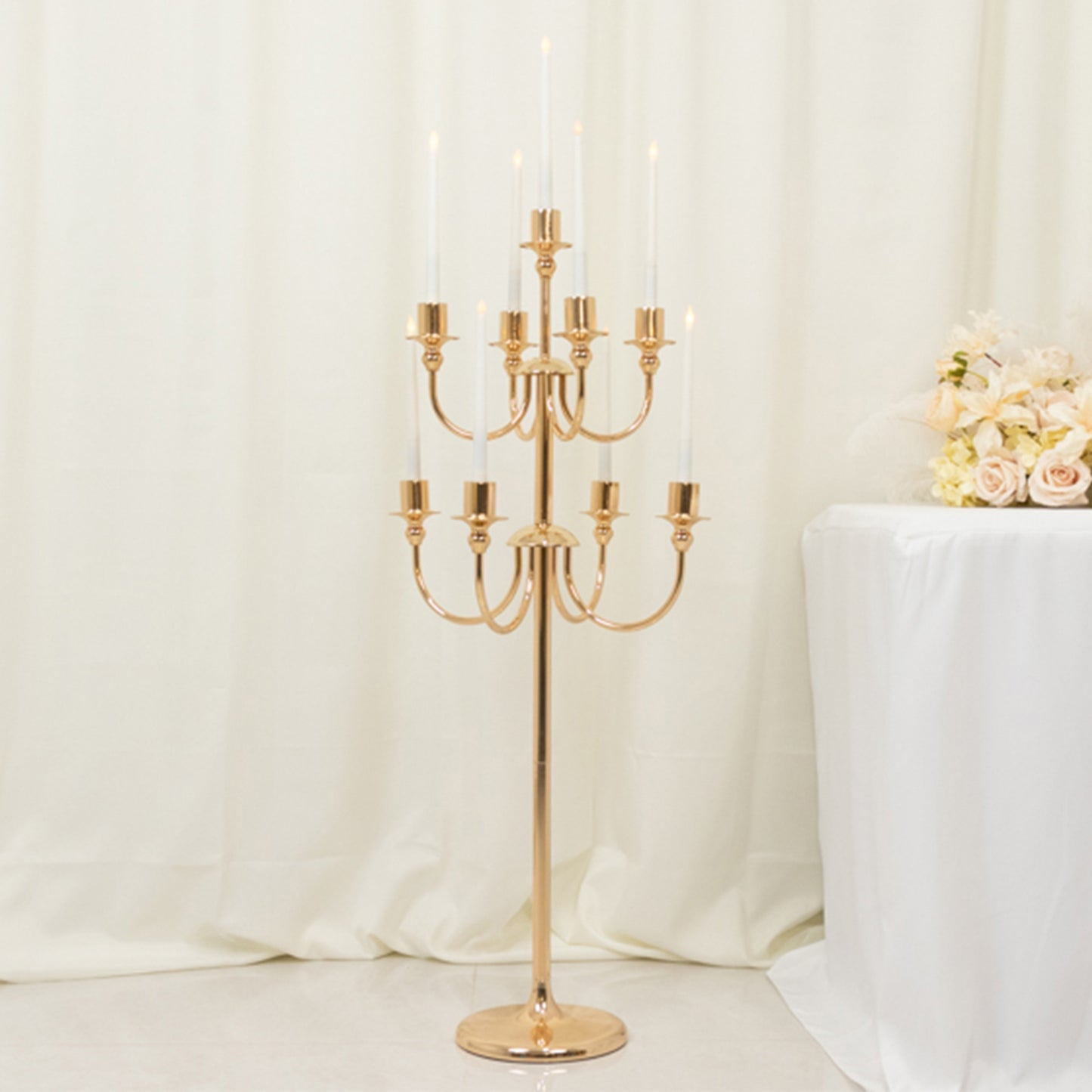 9-Arm Gold Metal Candelabra Candle Holder, Floor Standing Taper Candlestick Stand for Wedding, Home and Holiday Centerpieces - 46" Tall