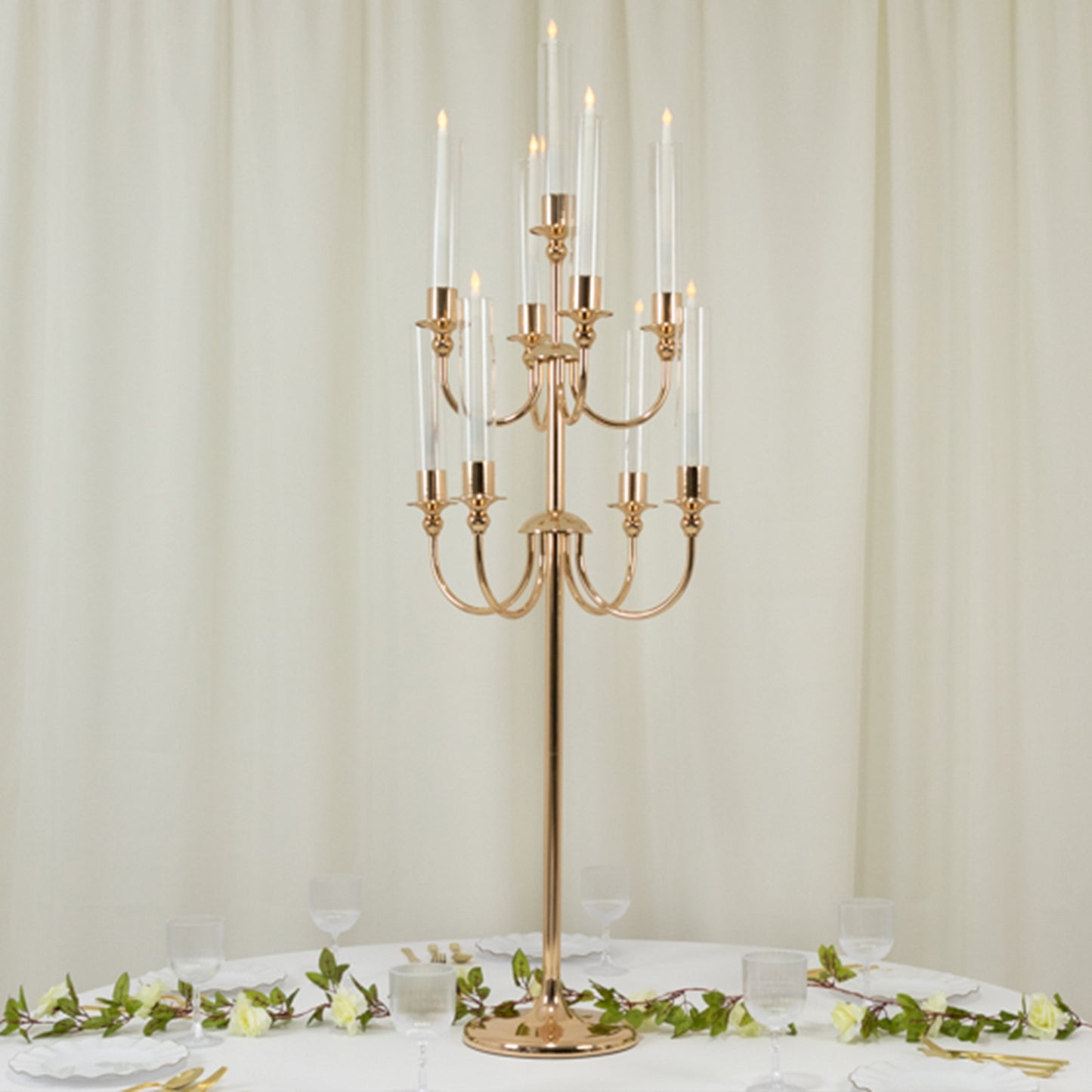9-Arm Gold Metal Candelabra Candle Holder, Floor Standing Taper Candlestick Stand for Wedding, Home and Holiday Centerpieces - 46" Tall