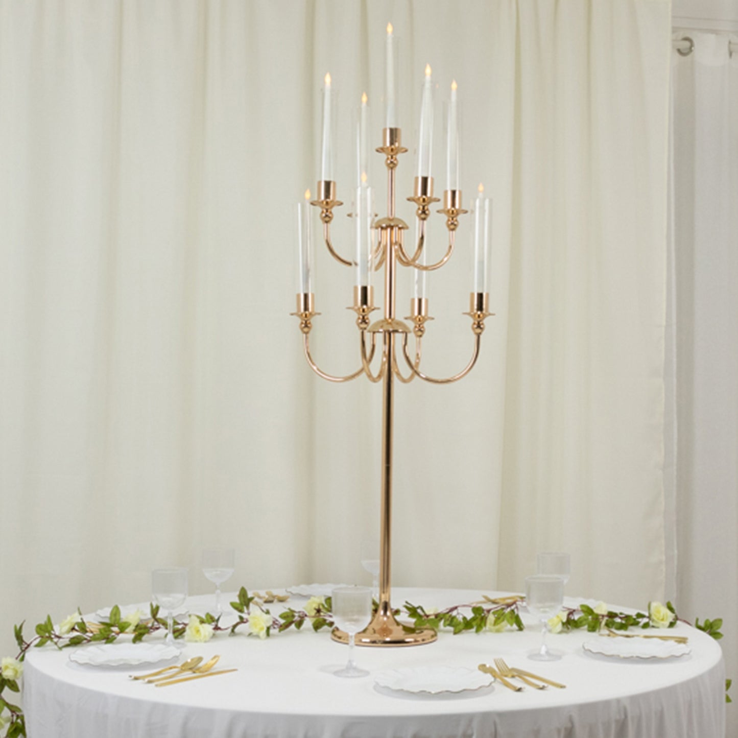 9-Arm Gold Metal Candelabra Candle Holder, Floor Standing Taper Candlestick Stand for Wedding, Home and Holiday Centerpieces - 46" Tall