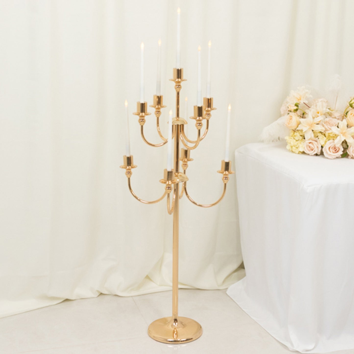 9-Arm Gold Metal Candelabra Candle Holder, Floor Standing Taper Candlestick Stand for Wedding, Home and Holiday Centerpieces - 46" Tall