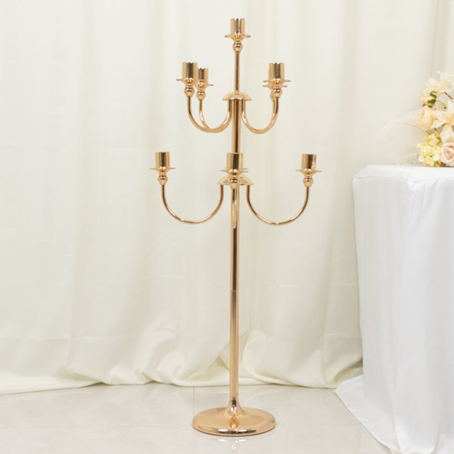 9-Arm Gold Metal Candelabra Candle Holder, Floor Standing Taper Candlestick Stand for Wedding, Home and Holiday Centerpieces - 46" Tall