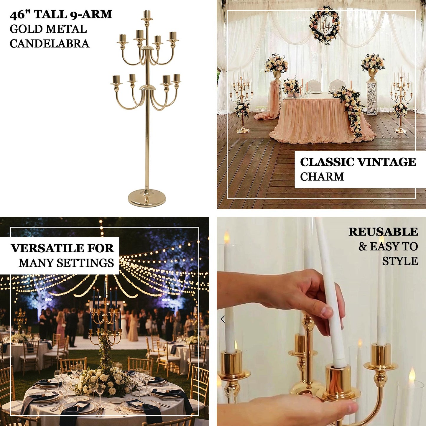 9-Arm Gold Metal Candelabra Candle Holder, Floor Standing Taper Candlestick Stand 46" Tall